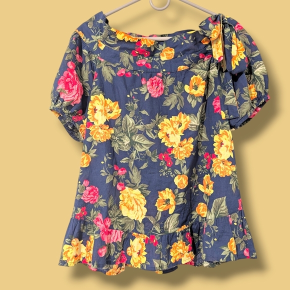 Hit Tops - Navy Colorful Floral Cotton Boat Neck Puff Sleeve Relaxed Blouse M Resortwear